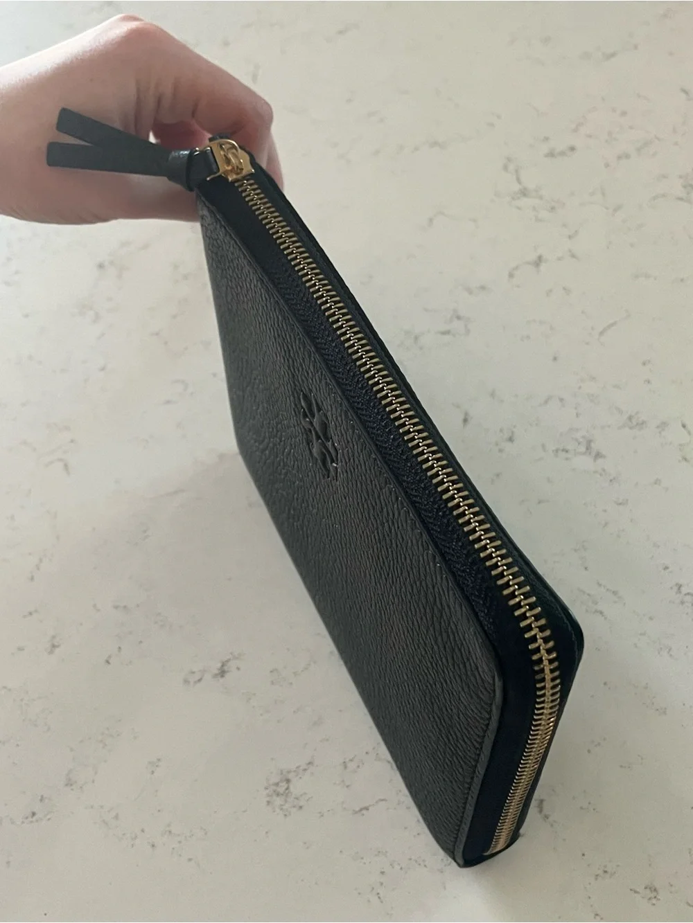 Tory Burch Black Pebbled Leather Zip Wristlet with Gold Hardware